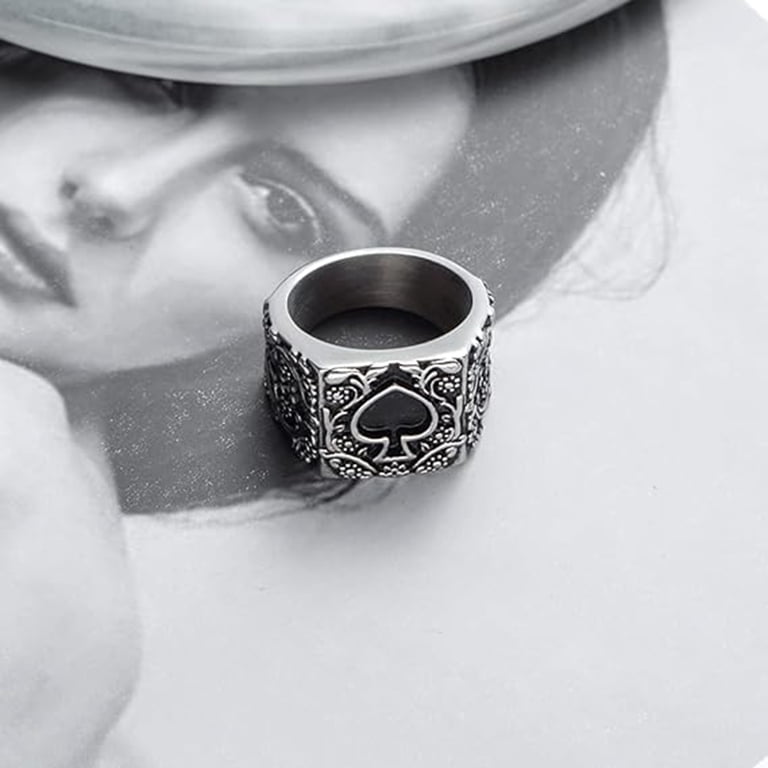 JAJAFOOK Stainless Steel Poker Ring - Spade Ace Design In Silver/Black, Sizes 6 To 14 For Men & Women