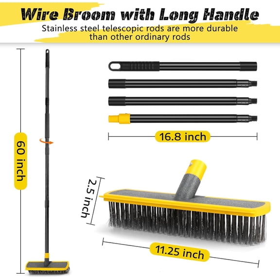 2-in-1 Heavy-Duty Long Handle Wire Scrub Brush Stainless Steel Bristle for Deck Concrete Patio Outdoor Moss Removal
