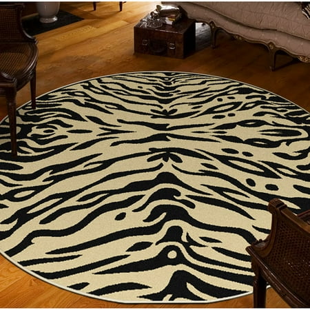 Zebra 94" Round Area Rug, Black/Ivory