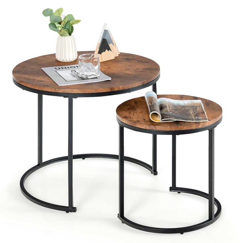 Finihen Round Nesting Coffee Table, Modern Nesting Side Set, Set of 2 Modern Round Stacking Nesting Coffee Tables, for Living Room, Reception Room, Brown Finihen Round Nesting Coffee Table, Modern Nesting Side Set, Set of 2 Modern Round Stacking Nesting Coffee Tables, for Living Room, Reception Room, Brown