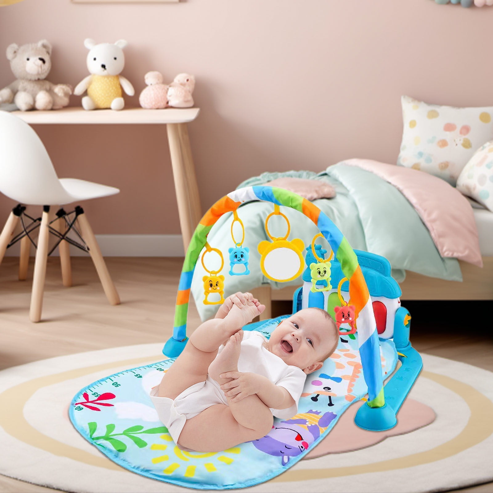 4-in-1 Baby Piano Play Mat with 5 Linkable Toys, Soft & Washable Activity Gym for Tummy Time, Removable Musical Mat for Infants 0-36 Months