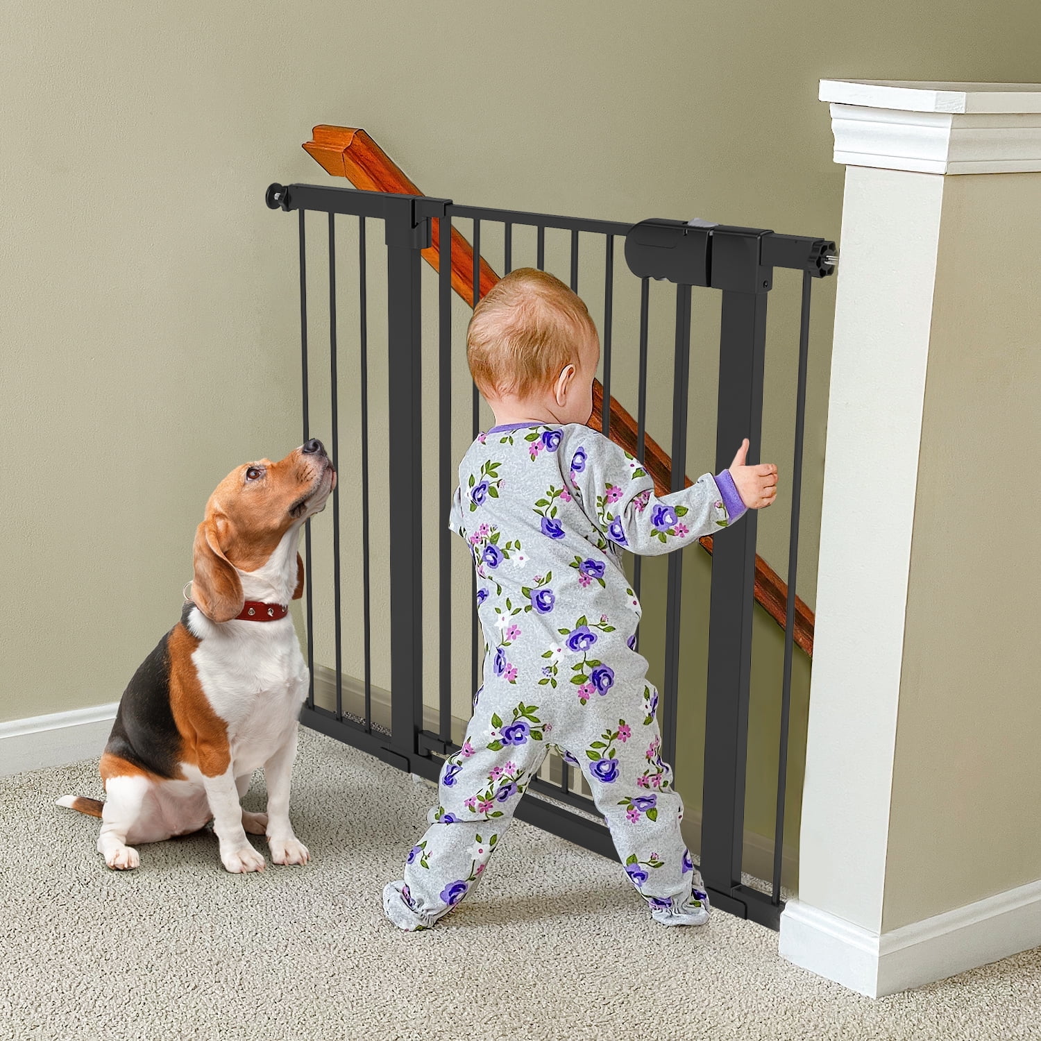 27-43" Baby Gate for Stairs, Dog Gate for Doorways, Pressure Mounted Pet Gates for Dogs Indoor, Durable Safety Child Gate with Easy Walk Thru Door, Black