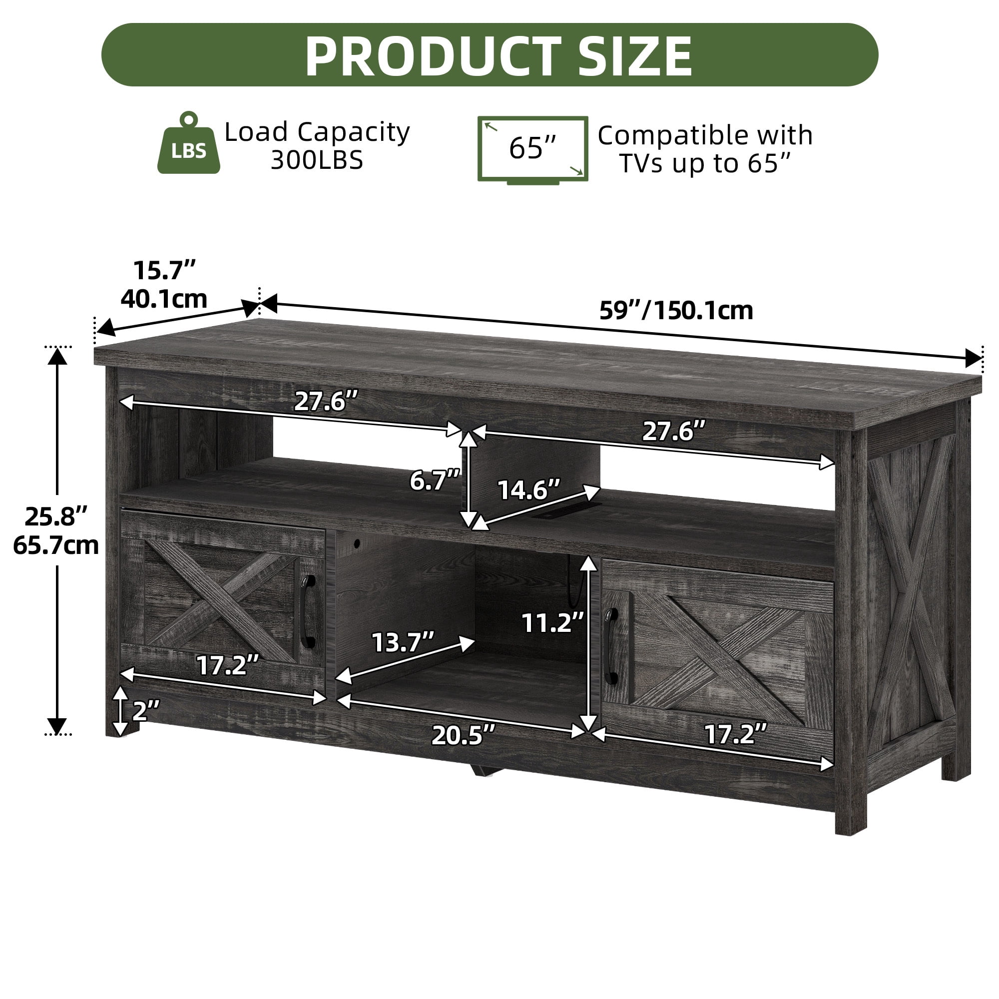 Uforic 59 Inch Rustic TV Cabinet Fits 55/65 Inch TVs, with Side X-Brace Decor, Built-in Charging Station & Partitioned Open Storage Shelves, Home Living Room, Dark Gray