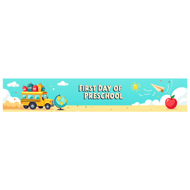Colorful and Cheerful Preschool First Day Banner with School Bus Backpack Apple and Airplane Elements Backdrop for Photo Taking School Party Decorations Kids Event Photo Props