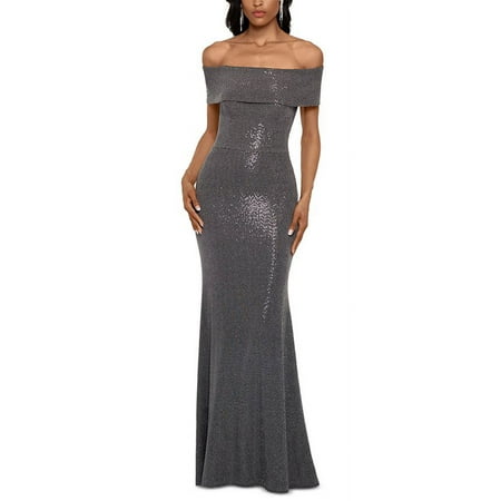 Betsy & Adam Women's Off the Shoulder Metallic Finish Gown Gray Size Petite