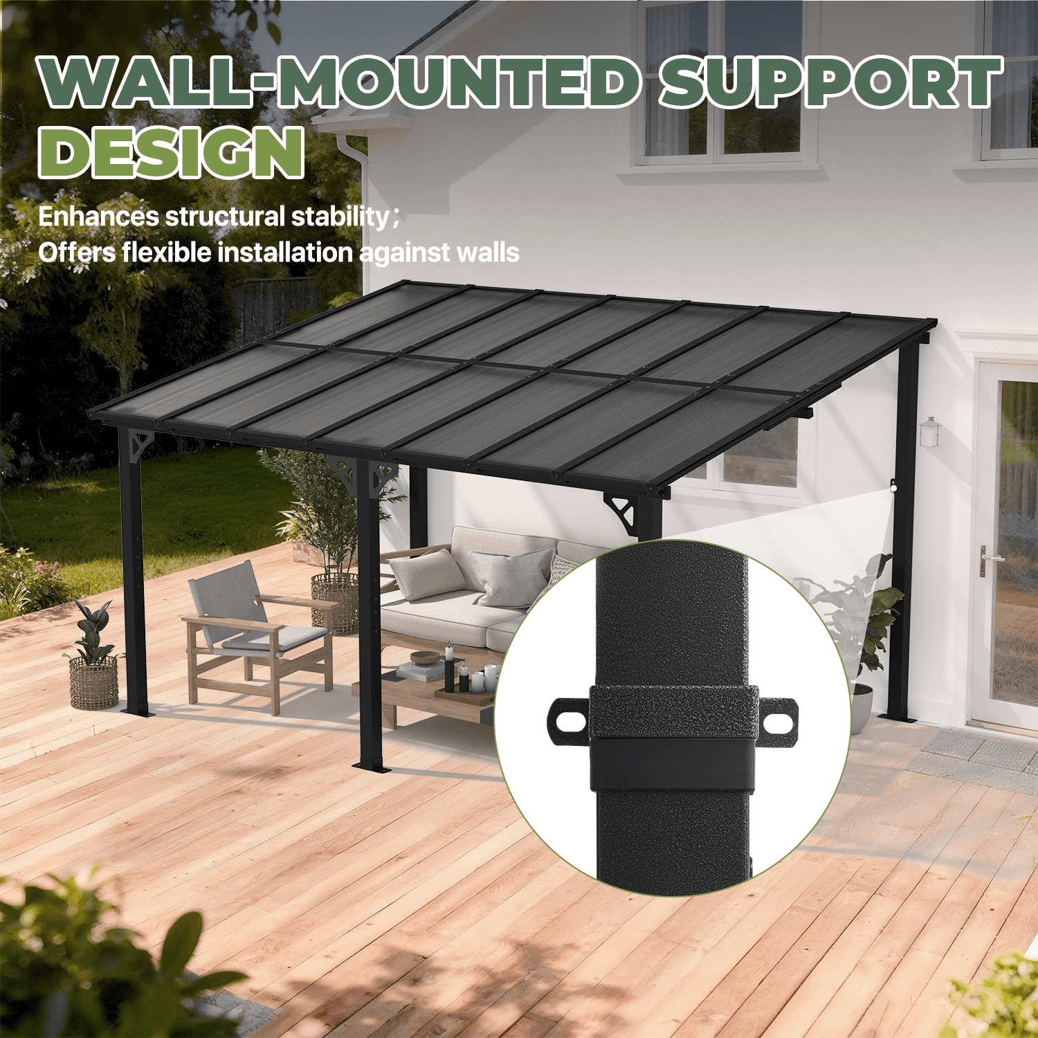 BaPiPro 14x10 ft Wall-Mounted Hardtop Gazebo with Polycarbonate Roof, Aluminum Frame, Outdoor Patio Cover for Poolside or Backyard, UV Resistant
