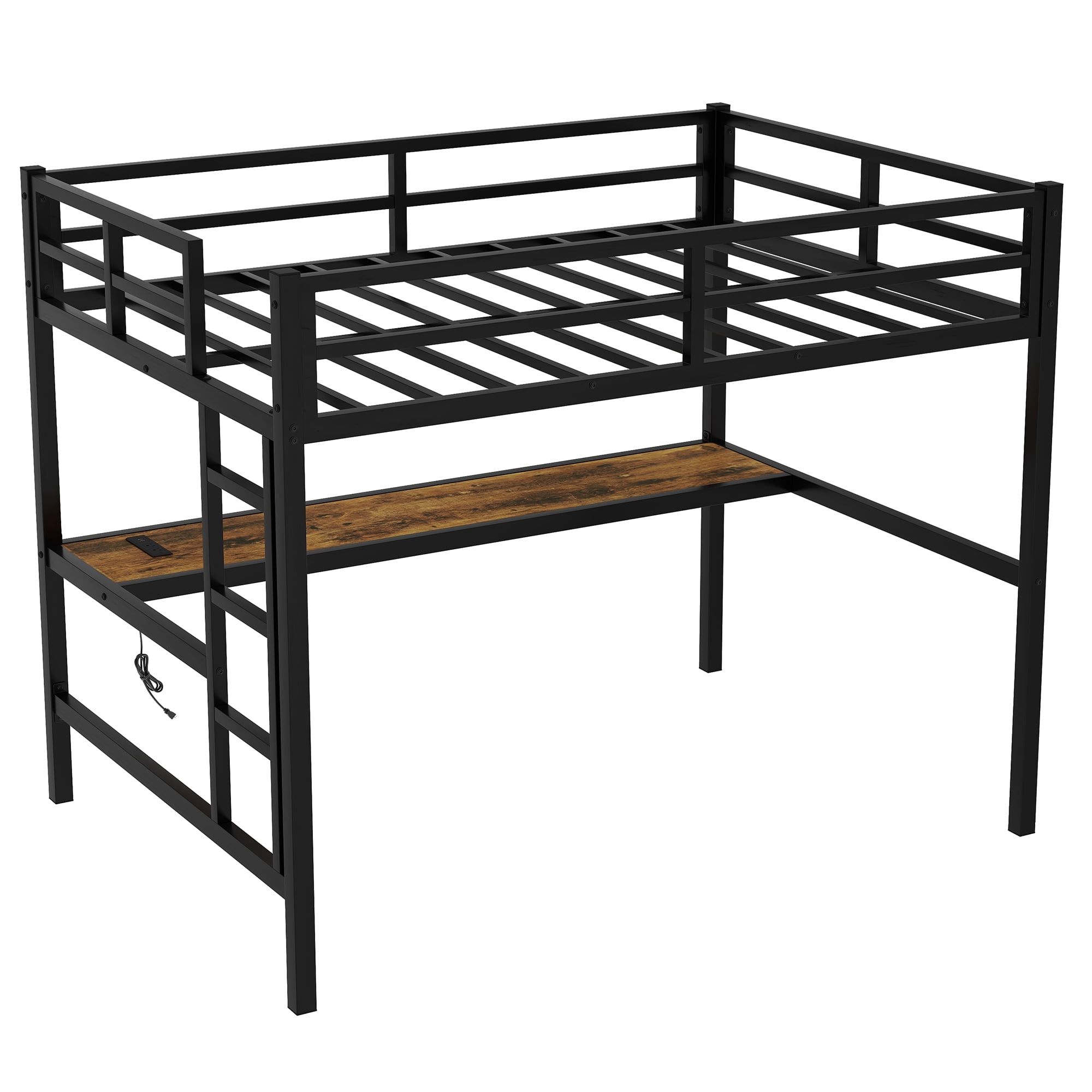 Aukfa Full Size Metal Loft Bed with Desk, Charging Station and LED Lights, Space-Saving, Heavy Duty, Black