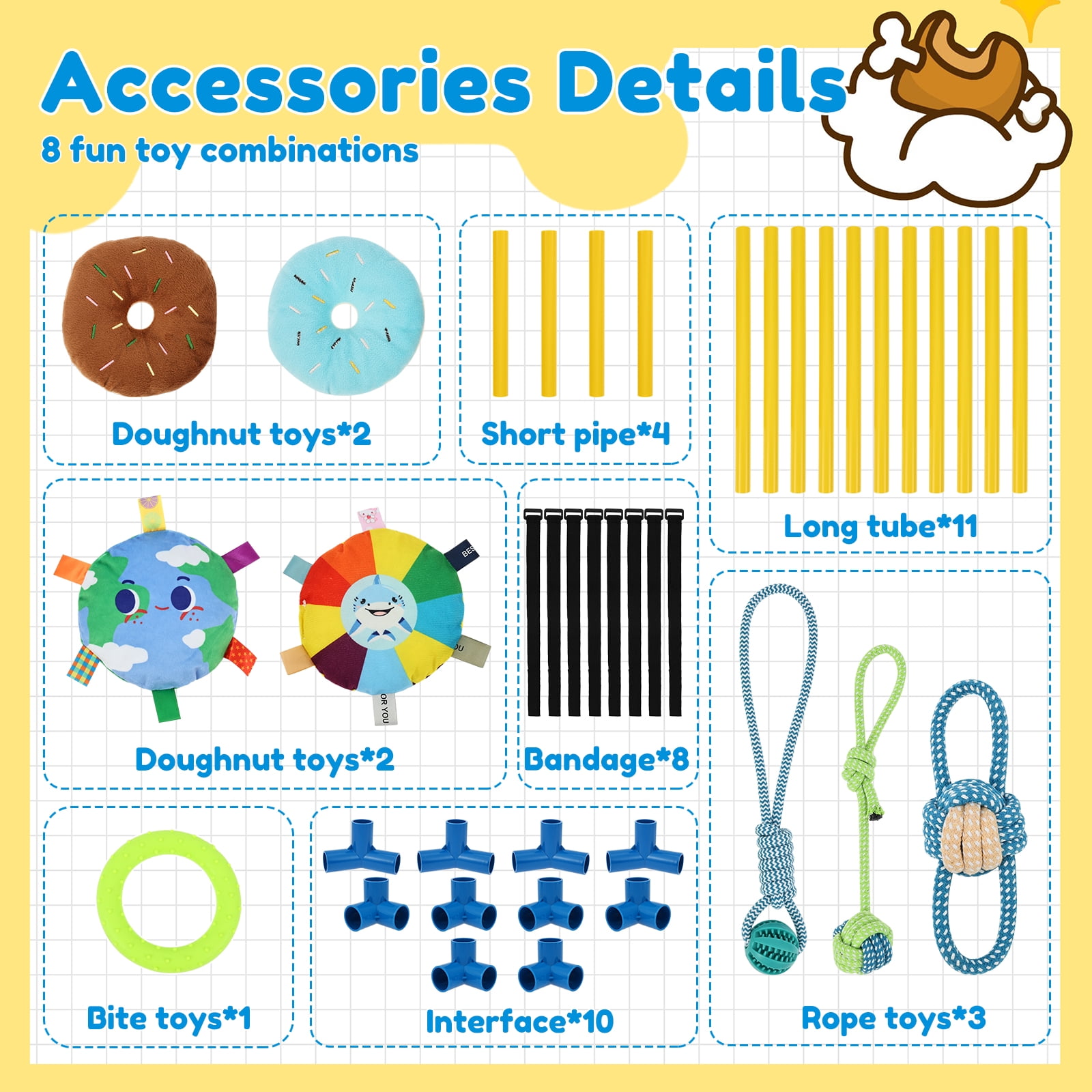 Ikoopy Puppy Play Gym with 8 Hanging Toy Indoor Jungle Gym Toy for Small Dog with PVC Frame and Bungee Strap for Entertainment Funny Teething and Mental Stimulation
