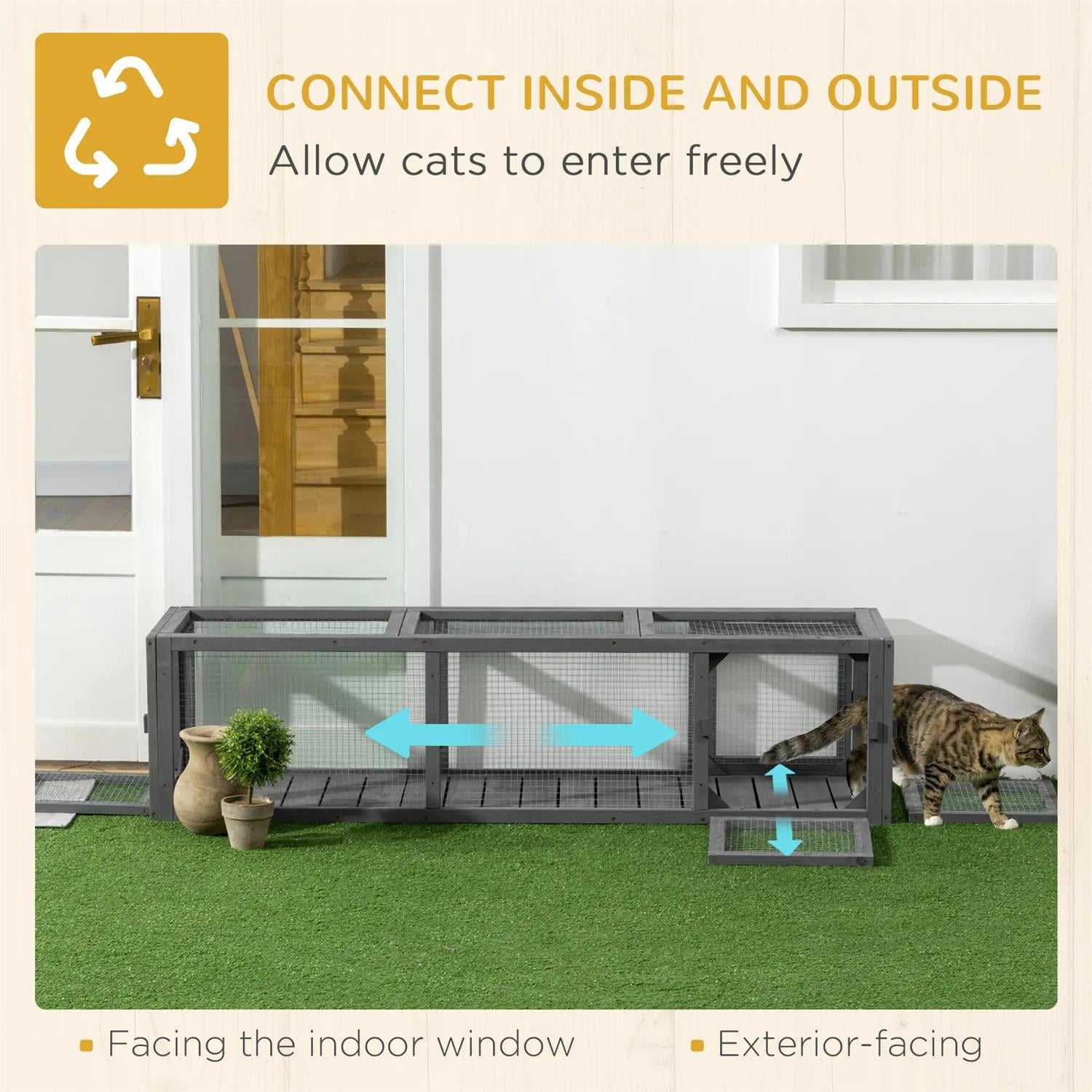 Pefilos 59" Outdoor Cat Tunnel with Weather Protection, Connecting Inside and Outside, Wooden Catio House for Deck Patios, Balconies, Indoor Cat Enclosure, Gray