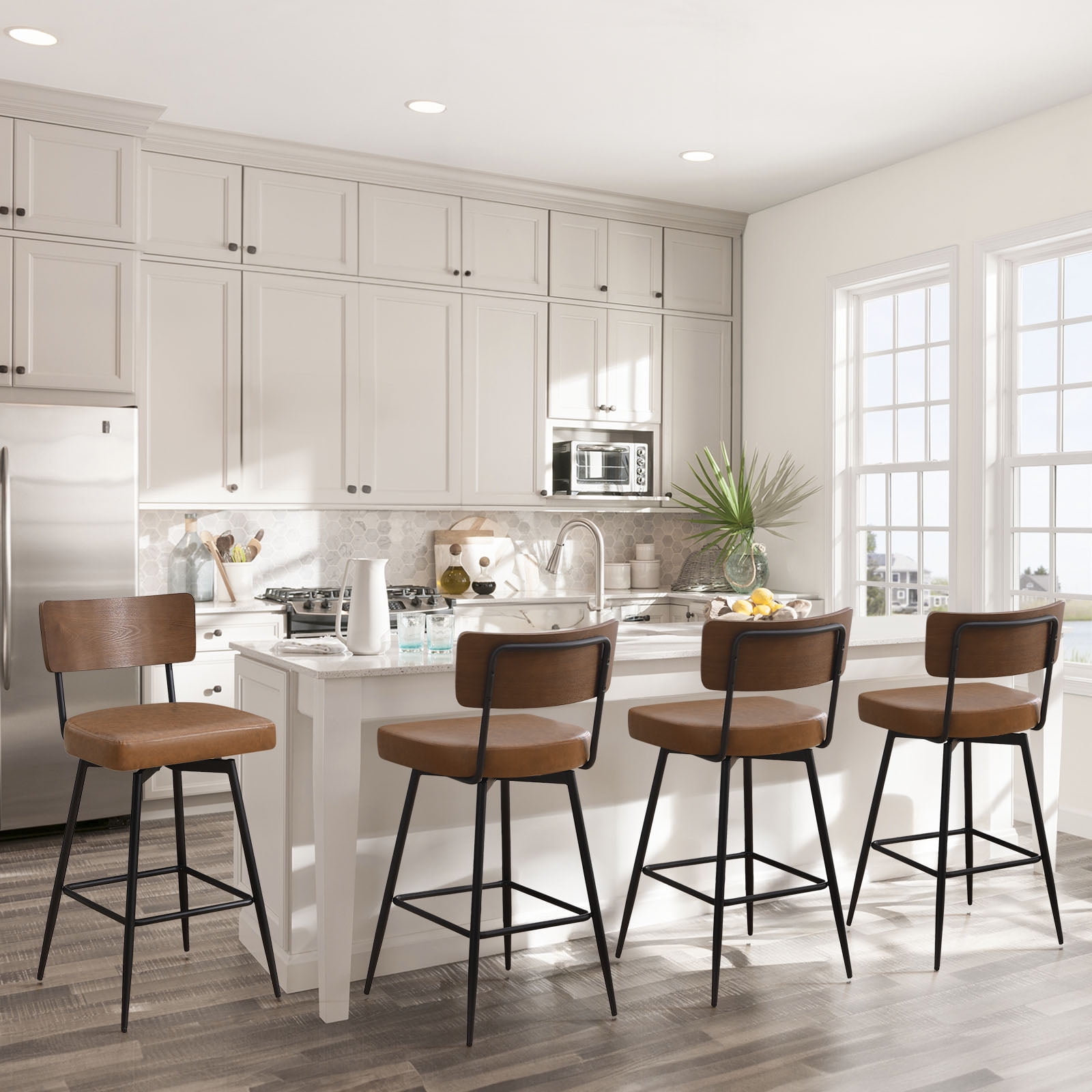 ANMINY Swivel Bar Stools Set of 2, 29" Seat Height, Upholstered Faux Leather Counter Barstools with Wood Backs and Metal Legs, Counter Height Bar Stool for Kitchen Island