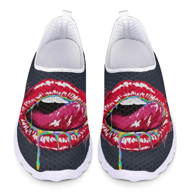 Zapatos casuales de verano para mujer, zapatillas planas ligeras sin cordones, con estampado de labios artísticos a la moda, cómodos y transpirables, de malla caliente