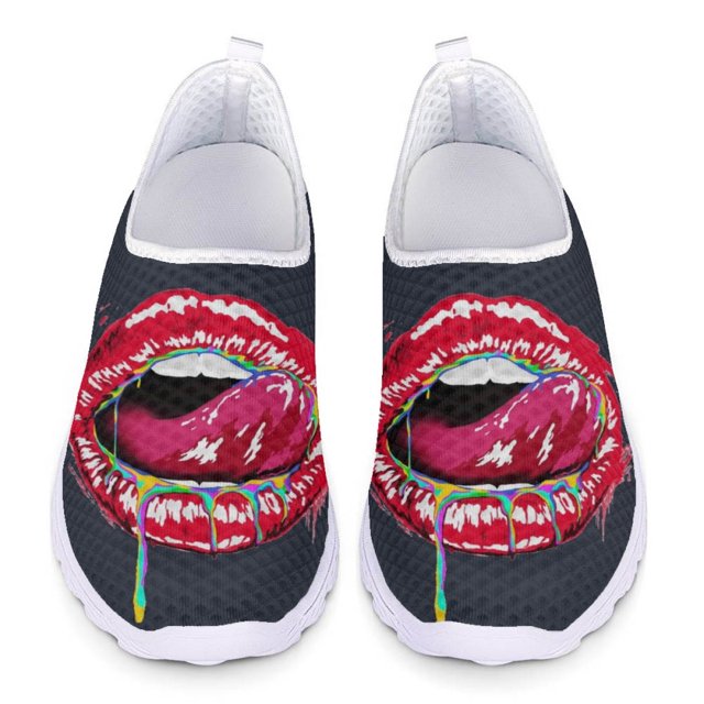 Zapatos casuales de verano para mujer, zapatillas planas ligeras sin cordones, con estampado de labios artísticos a la moda, cómodos y transpirables, de malla caliente