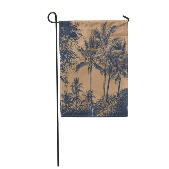 POGLIP Hawaii Tropical Landscape Palms Trees Linocut Tropic Beach Coconut Garden Flag Decorative Flag House Banner 12x18 inch