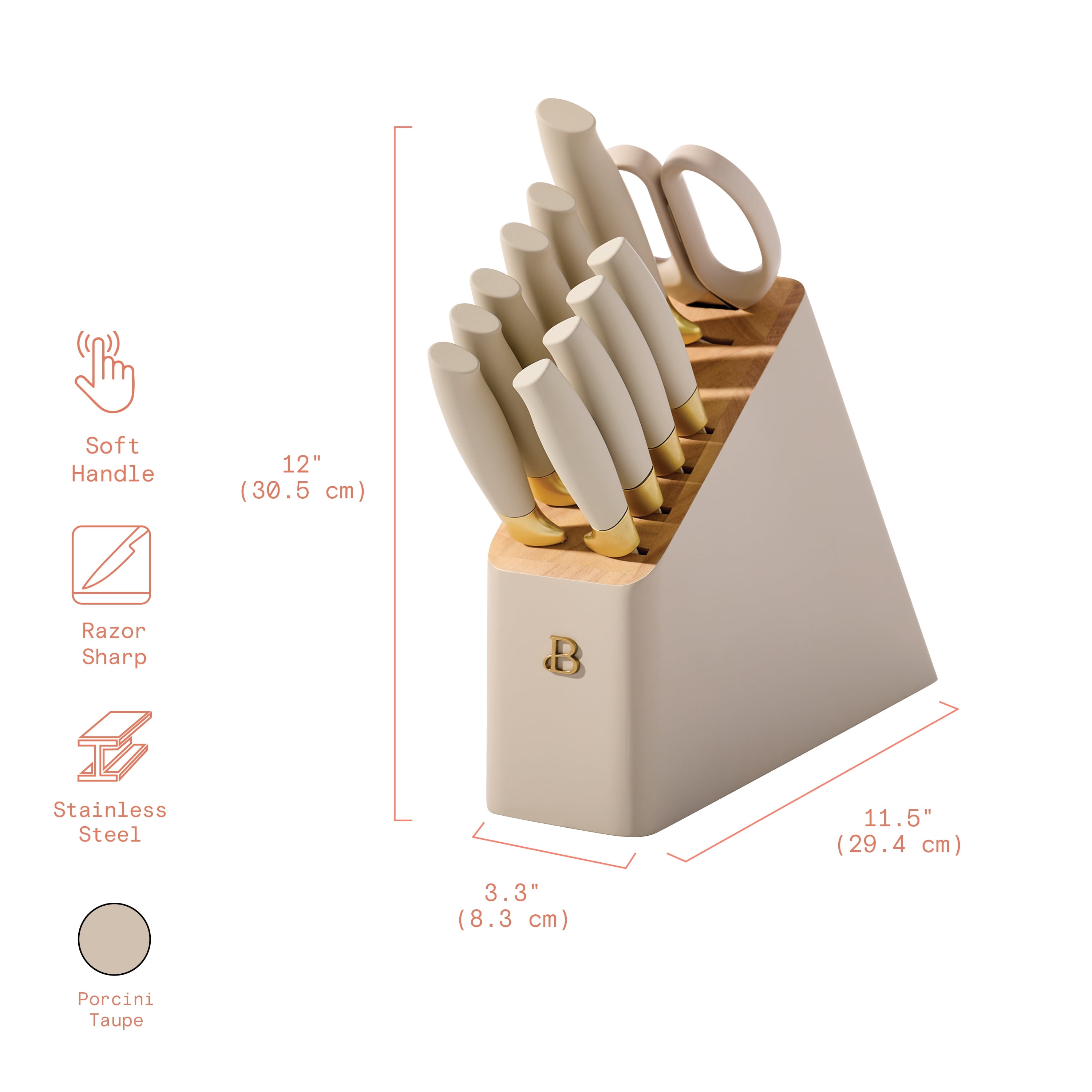 Beautiful 12 Piece Porcini & Gold Knife Block Set with Soft-Grip Ergonomic Handles by Drew Barrymore