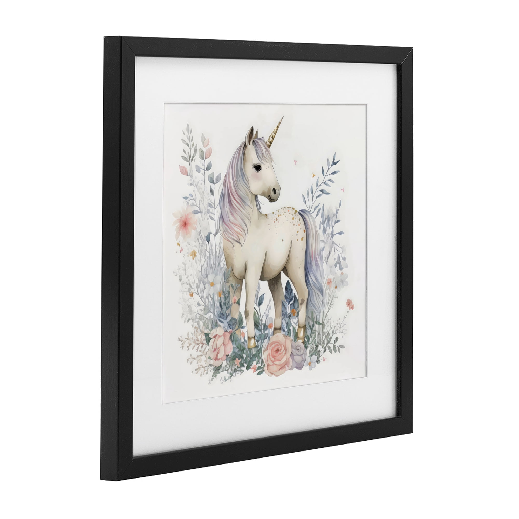 Stupell Industries Unicorn in Delicate Floral Forest Black Framed Print Under Glass, design by Creative Studio