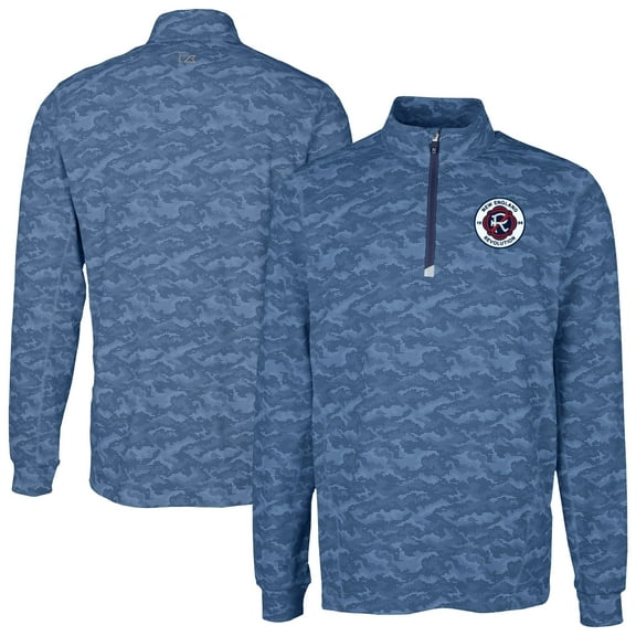 Men's-Cutter & Buck  Navy New England Revolution Traverse Stretch Eco Camo Print Quarter-Zip Pullover Top