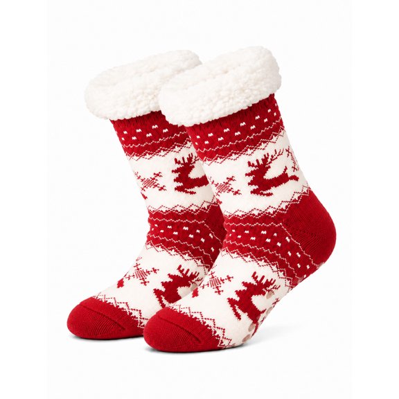 FEOYA Women's Christmas Fuzzy Socks Winter Non Slip Thermal Slipper Socks Cozy Floor Socks Reindeer Red for New Year Xmas Gifts Holiday Outdoor Activities