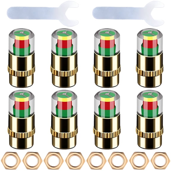 2 Sets 3-Color Golden Copper Core Alert Tire Pressure Monitoring Caps, Warning Monitoring Valve Caps, 4-Piece External Car Tire Pressure Monitor with Anti-Theft Nut, Enhanced Driving Safety