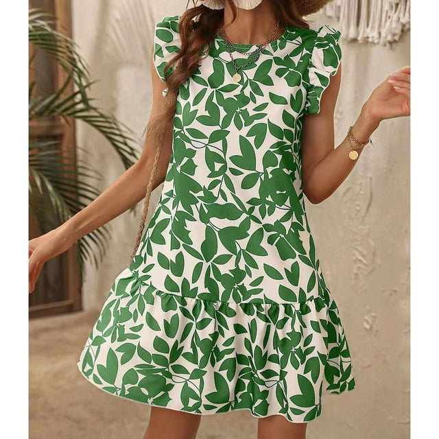 Baikeli Robes de Boutique pour Femmes Printemps Dames Été Mode Col Rond Manches Volantées Robe Imprimée Plissée Robes pour Femmes 2024