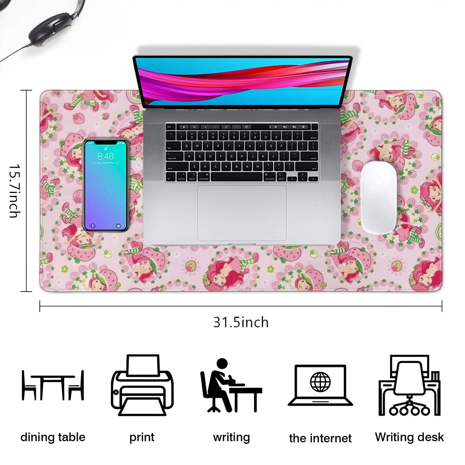 Long Mouse Pads for Desk,Strawberry Princess Pattern Desk Mats on Top Of Desks, Desk Mouse Pad Extra Large with 3mm Non-Slip Base and Stitched Edge for Gaming,Office,Work,Home 31.5"x15.7"