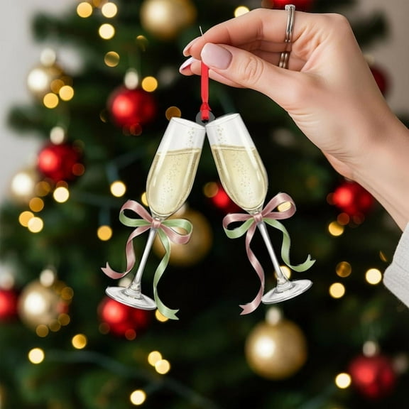 ViciArt Champagne Glasses Christmas Ornament, Clinking Flutes with Bows Holiday Decoration, Acrylic/Fiber Wood