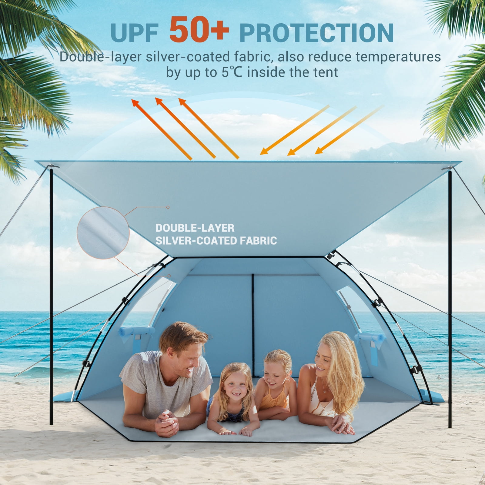 Aship Beach Tent for 4-5 Person, UPF 50+ Sun Shelter with 360° Ventilation & Large Canopy, Easy Setup Waterproof & Portable for Family Camping Hiking Beach Outdoor Adventures