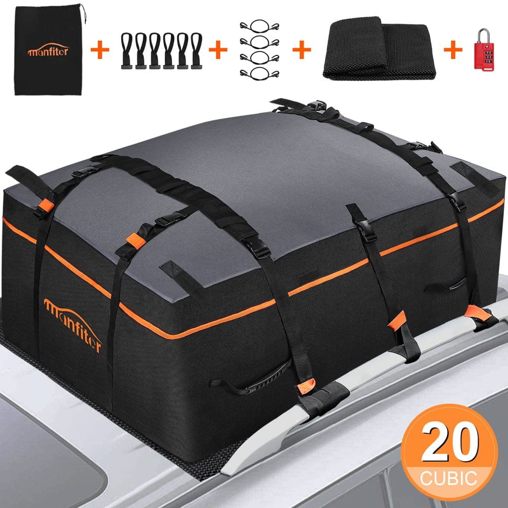10 Reinforced Straps Manfiter Rooftop Cargo Carrier Roof Top Carrier Car Cargo Bag Waterproof Luggage 20 Cubic Feet with Anti-Slip Mat 6 Door Hooks Works with/Without Rack 
