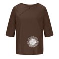 thumbnail image 4 of QQAMB Women Cotton Linen Top Crewneck Button Sunflower Printed Short Sleeve Casual T Shirt Ladies Summer Fashion Blouse Top Brown 2XL, 4 of 4