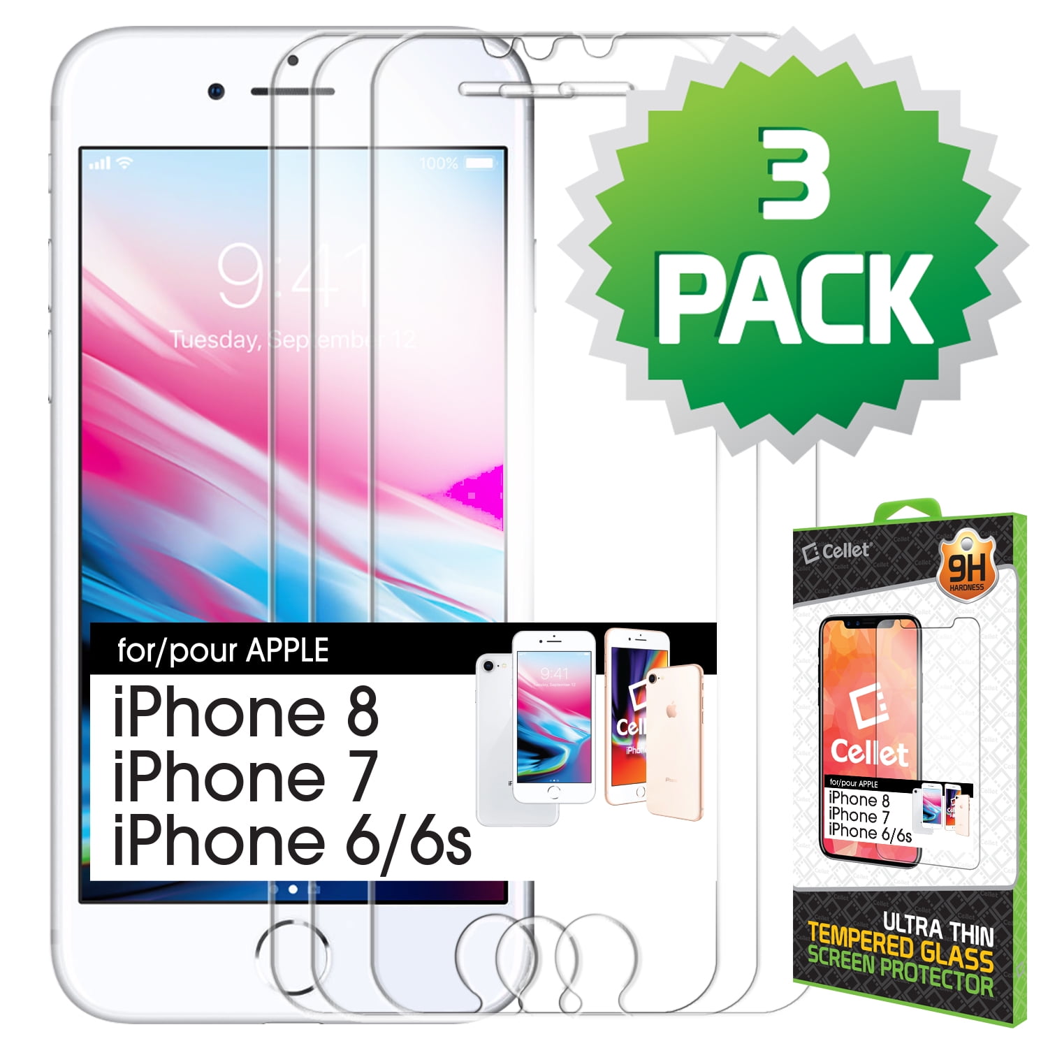 3 Pack Cellet Premium Tempered Glass Screen Protector for Apple iPhone 8, 7, 6s, 6 (0.3MM