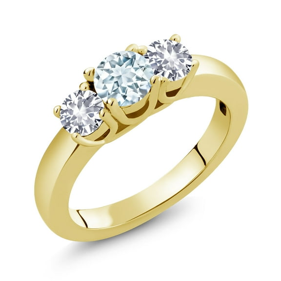 Gem Stone King 1.00 Ct Sky Blue Aquamarine White Created Sapphire 18K Yellow Gold Plated Silver Classic 3-Stone Ring for Women (Size 7)