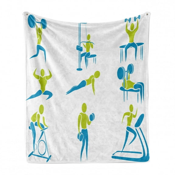 Fitness Soft Flannel Fleece Throw Blanket, Showing Different Gym Activities Weightlifting Equipment, Cozy Plush for Indoor and Outdoor Use, 50" x 60", Apple Green Sky Blue, by Ambesonne