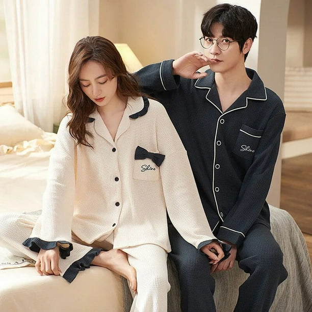 Pijamas de algodon para hombre y mujer ropa de dormir con cuello vuelto pantalones de manga larga conjuntos de pijama solidos Otono e Invierno Walmart en linea
