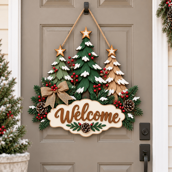 Snowy Pine Tree Welcome Wooden Door Sign for Christmas Housewarming Gift