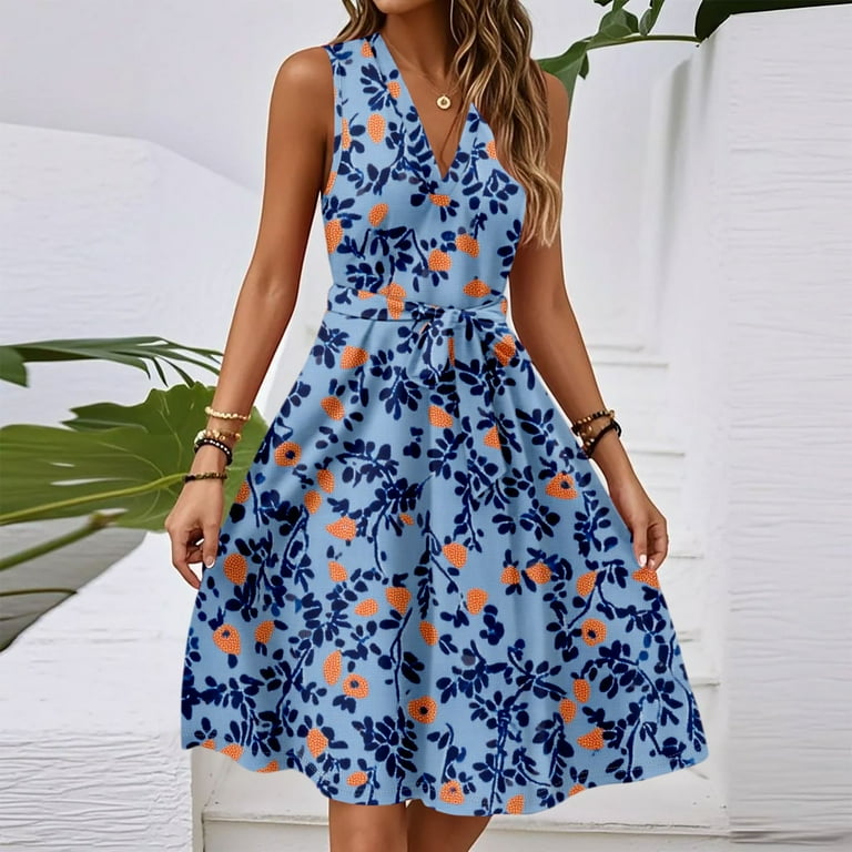 Graduation Dresses, Smocked Floral Casual V Neck Sleeveless Tunic