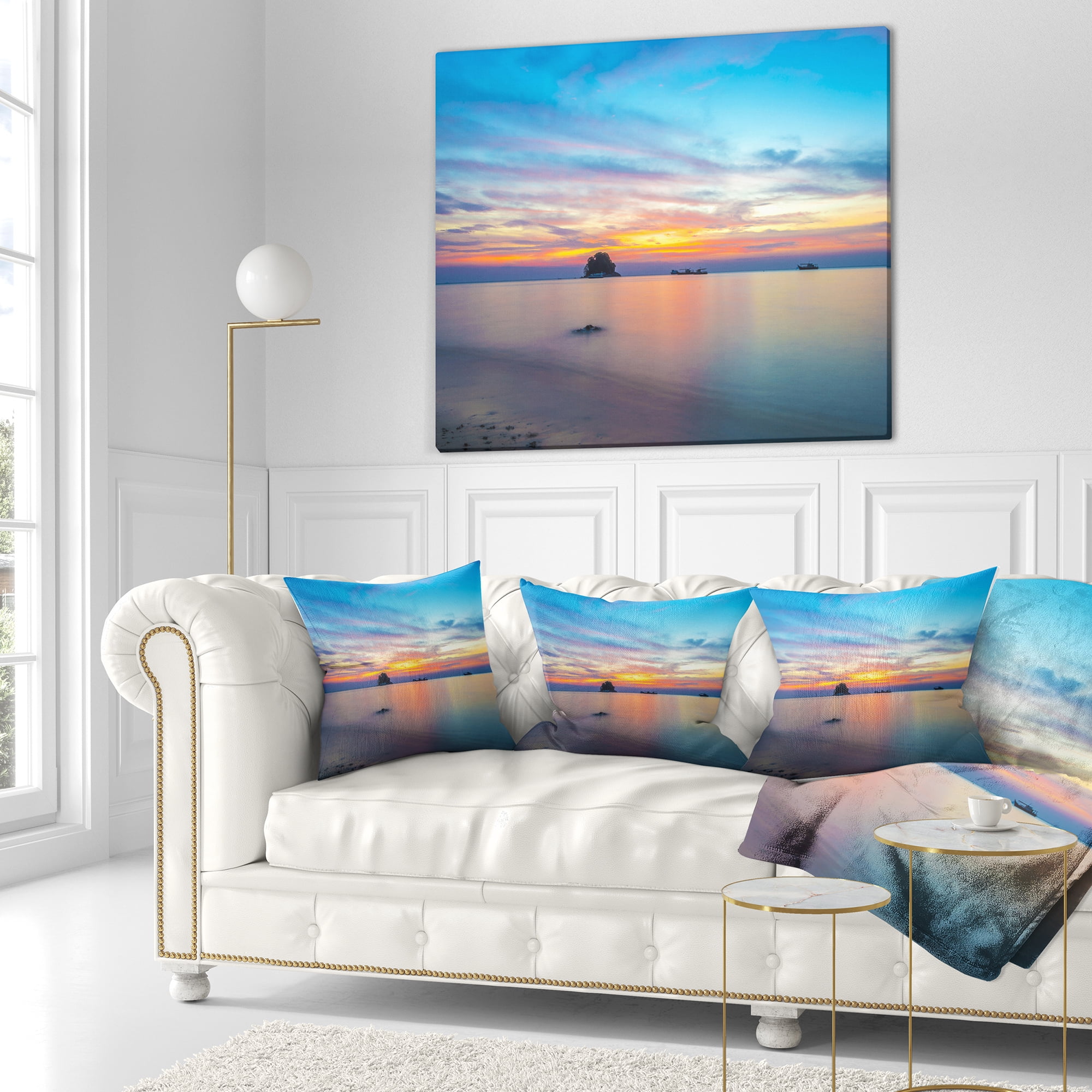 Designart Bluish Calm Sunset and Seashore - Seashore Throw Pillow - 18x18