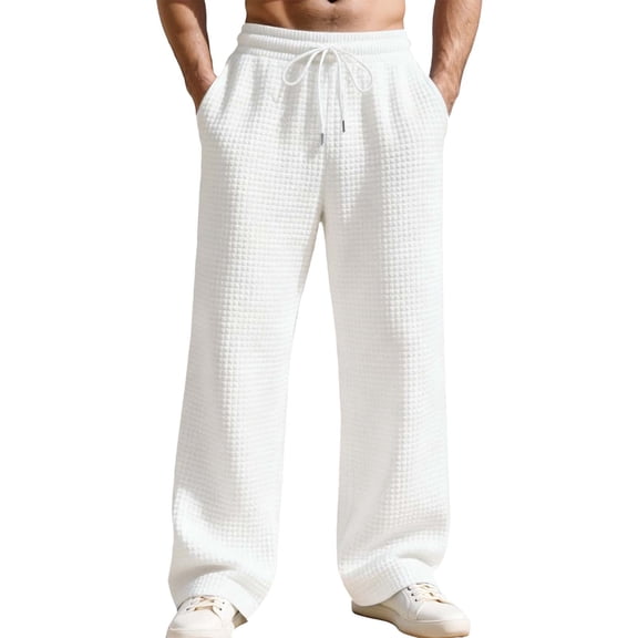 Telankuip Men's Jacquard Checkered Casual Wide Leg Pants Trendy Waffle Loose Fit Simple Style High Waisted Drawstring Trousers with Pockets for Autumn and Winter White XL