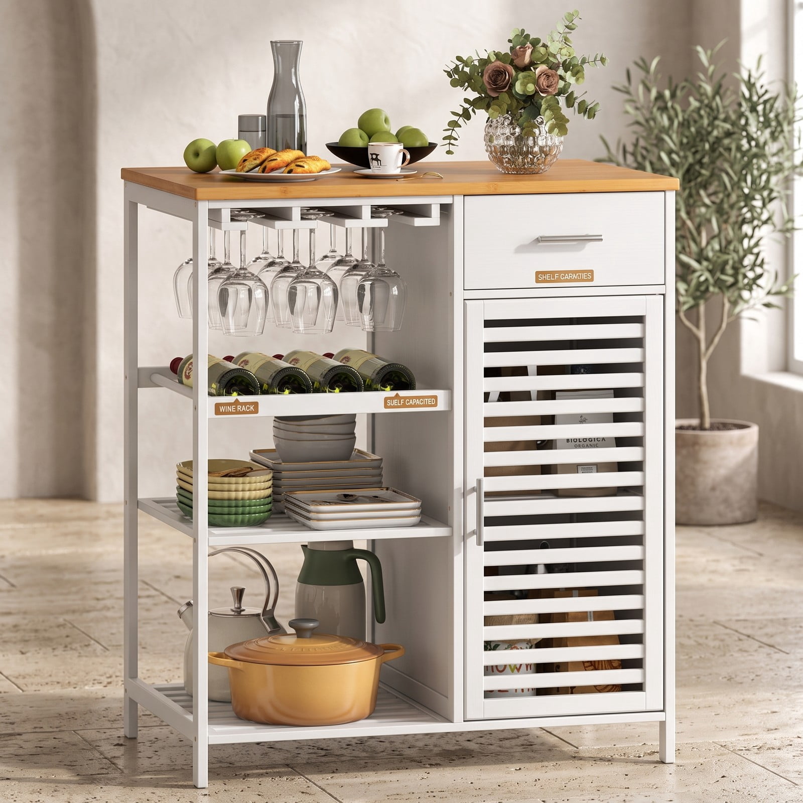 Furnibear Coffee Bar Cabinet with Wine Rack, Glass Holder and Bamboo Top, Farmhouse Buffet Sideboard Storage Cabinet with Drawer and Slatted Shelves for Kitchen, White
