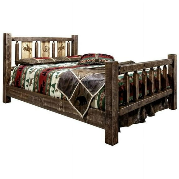 Homestead Collection Queen Bed w/ Laser Engraved Bronc Design, Stain & Clear Lacquer Finish