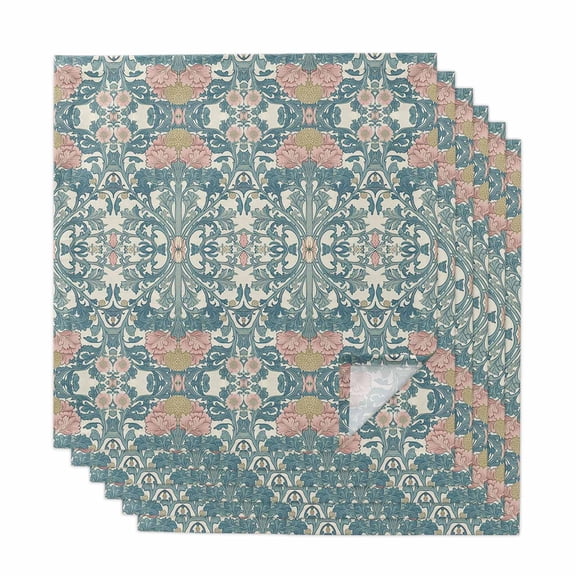 Teal Pink Cloth Napkins, Vintage Floral Watercolor Boho Ethnic Washable and Reusable Dinner Napkins Set of 6, Table Napkin for Kitchen Party Birthday Wedding Hotel Housewarming 20"x20"