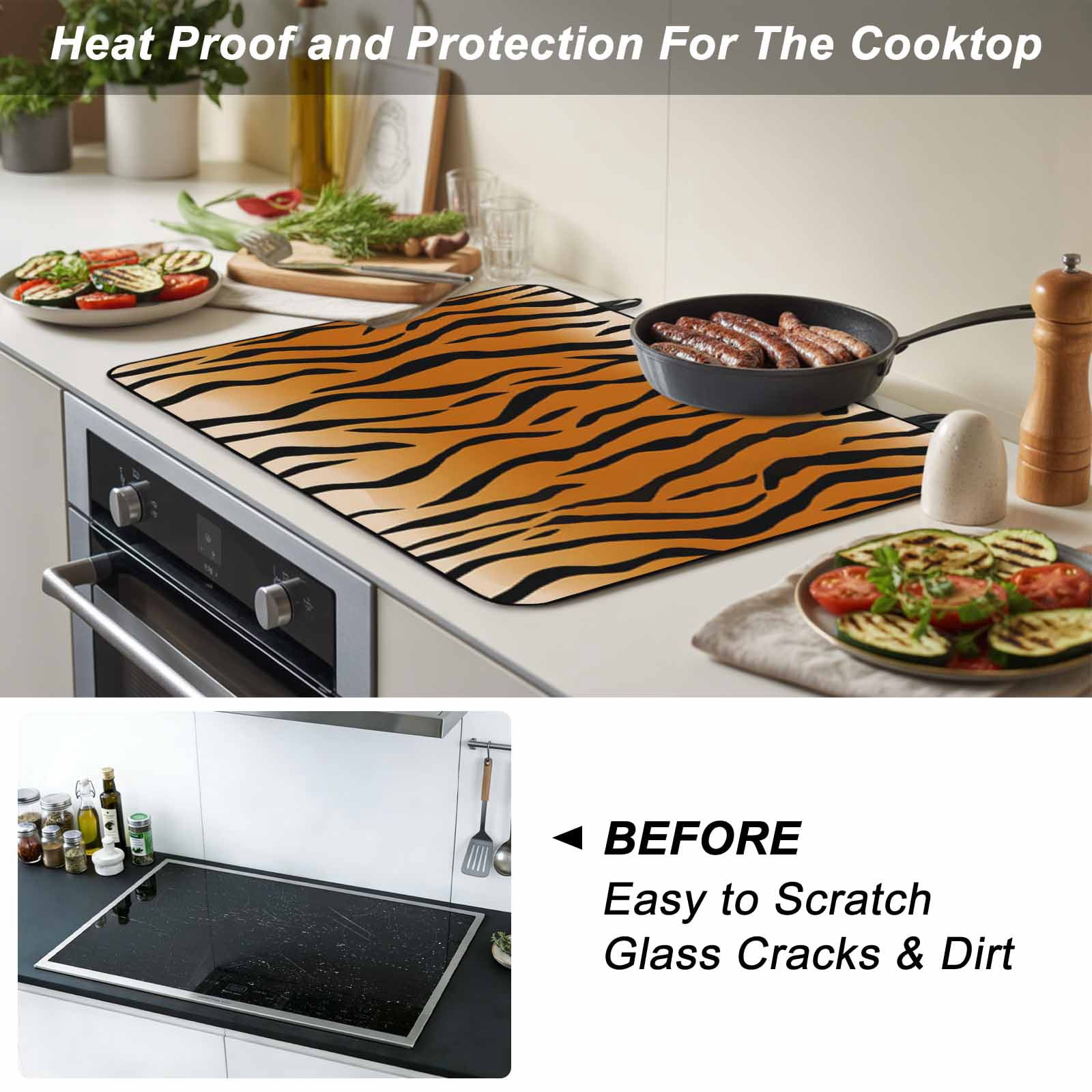 Leopard Print Stove Top Cover for Electric Stove, Heat-proof & Non Slip Glass Top Stove Cover Protector, Farmhouse Brown Black Animal Texture Kitchen Flat Cooktop Rubber Mat 24x21 Inches