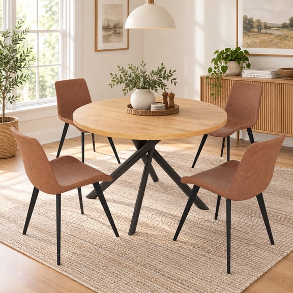 Jiexi 5-Piece Round Dining Table Set for 4, 45.3" Mid-Century Modern Kitchen Table with 4 Brown Chairs, Oak-Grain Top