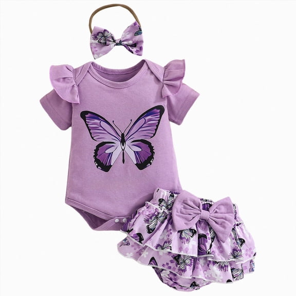 Xudanell 1st Birthday Girl Outfit Infant Butterfly Print Clothes Baby Girl Romper Skirt Shorts Summer Outfit with Cute Headband Purple 6-9 Months