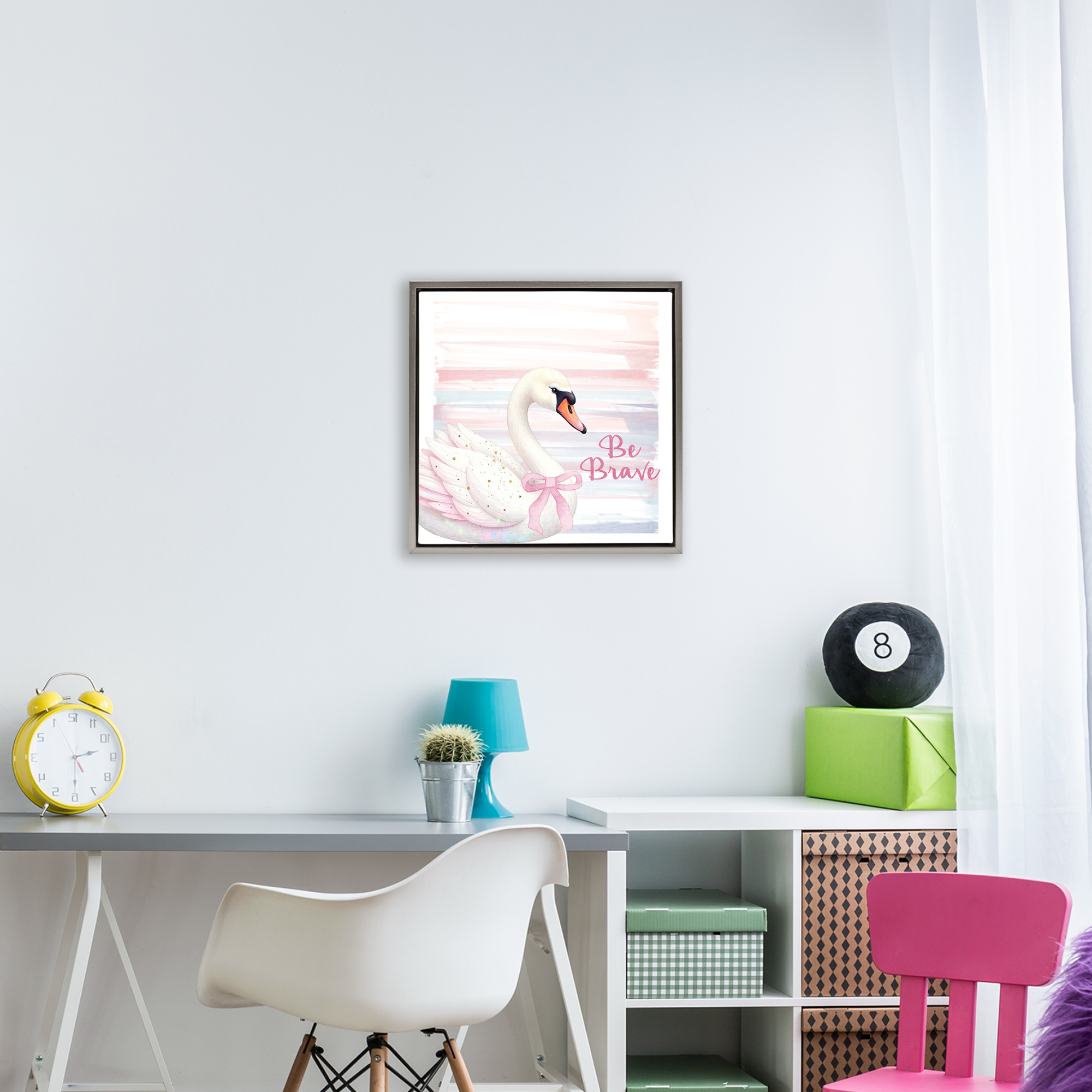 Be Brave Pastel Swan Gray Framed Floater Canvas Wall Art, design by Kim Allen
