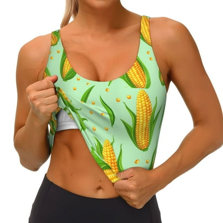 Qokaie Corn 7 Pattern Womens Scoop Neck Sports Bra Breathable Workout Vest Padded U Back Medium Impact Fitness Gym Yoga Bra Workout Crop Top