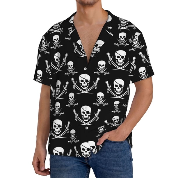 Balery Pirate skulls Camisa Casual de Manga Corta con Botones para Hombre, Texturizada, Estilo Cubano, para Playa, Verano-Small