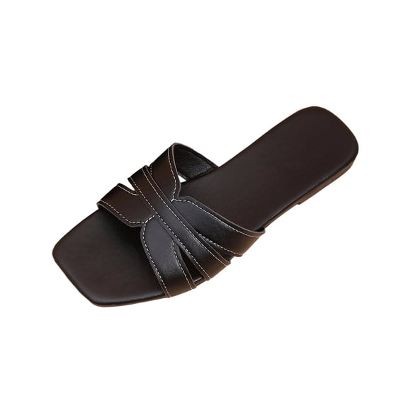 KIJBLAE Women's Solid Color Square Toe Open Toe Flat Slides, Wide Width Lightweight Casual Slippers for Summer Black 39