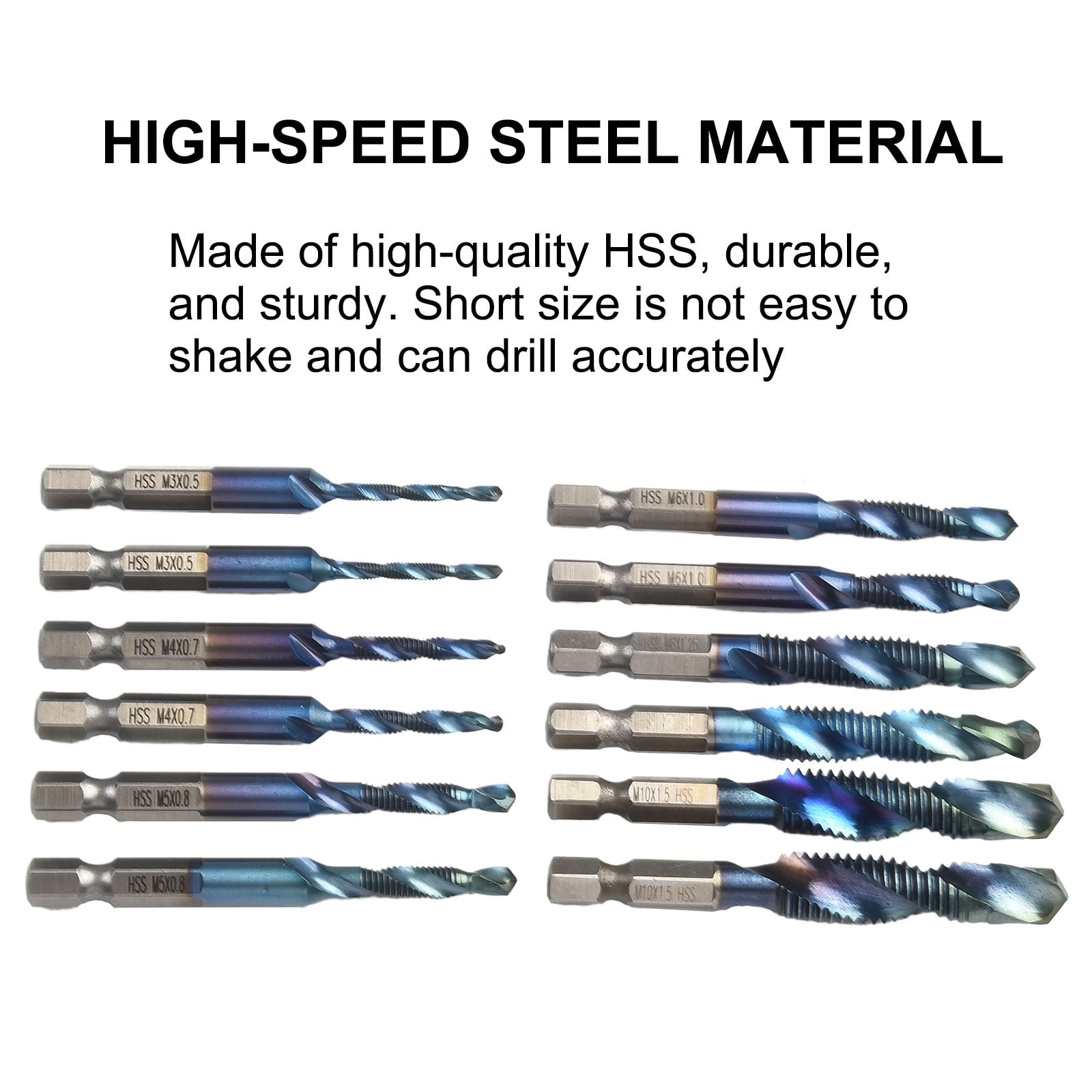 12Pcs 1/4\" Hss Hex Shank Plated Screw Thread Drill Bits Set for M3- M10