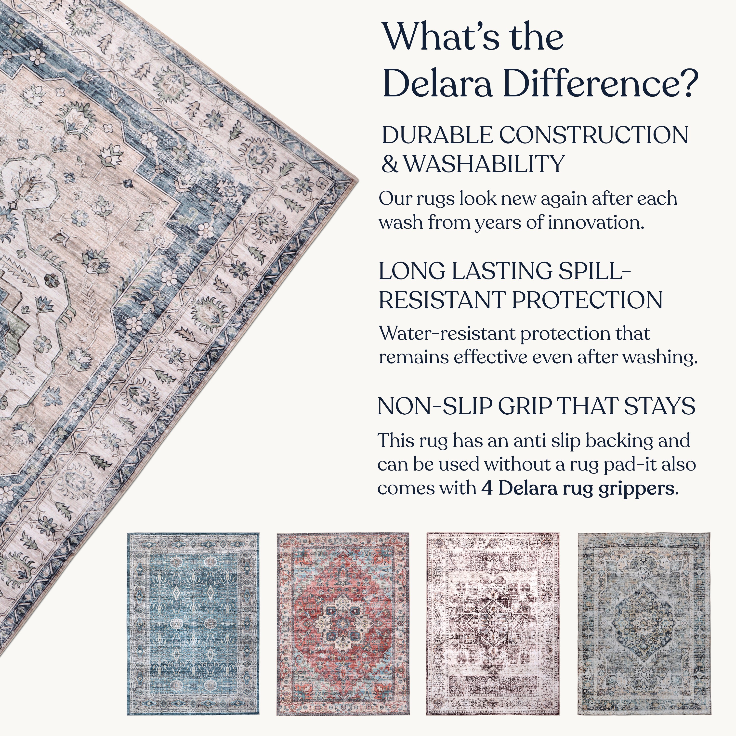 Delara 3'x5' Machine Washable Area Rug, Soft & Durable, Non-Slip, Stain Resistant, Vintage Bloom, for Bedroom, Living & Dining Room