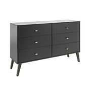 Prepac Milo Mid-Century 6 Drawer Wooden Dresser, 16.75" x 52.5" x 33", Black