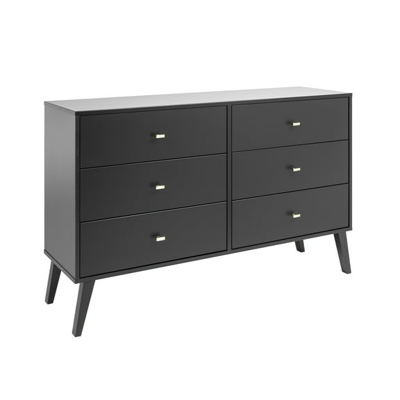 Prepac Milo Mid-Century 6 Drawer Wooden Dresser, 16.75" x 52.5" x 33", Black